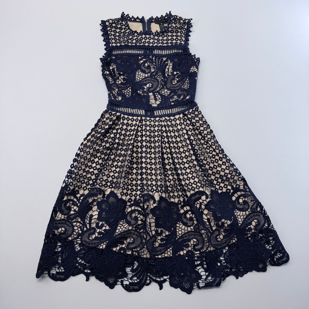 Aqua Navy Blue Guipure Lace Sleeveless Fit & Flare Cocktail Dress XS